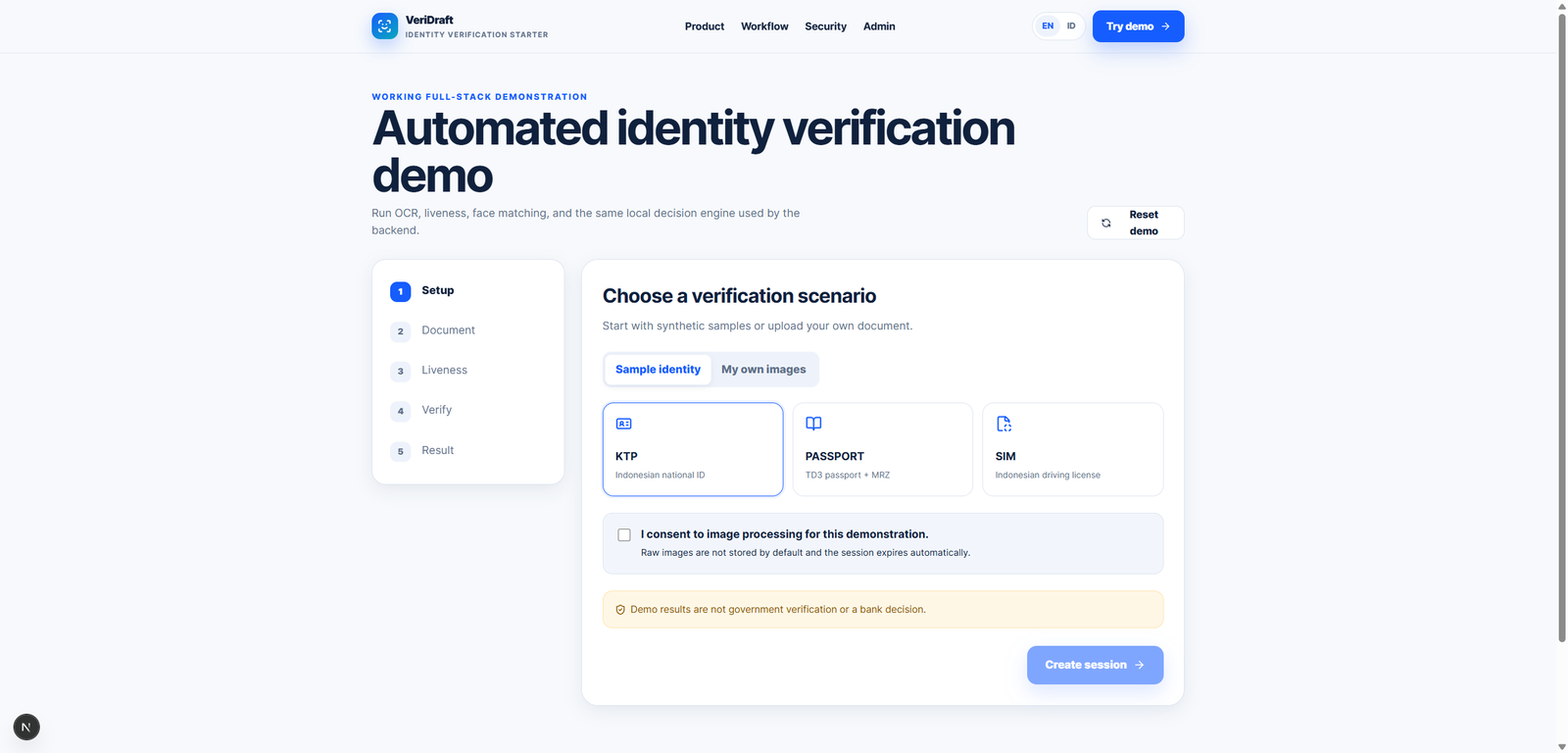 Preview of VeriDraft — Identity Verification Starter Kit